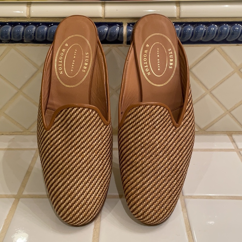 Stubbs & Wootton Straw Mules with Leather Piping